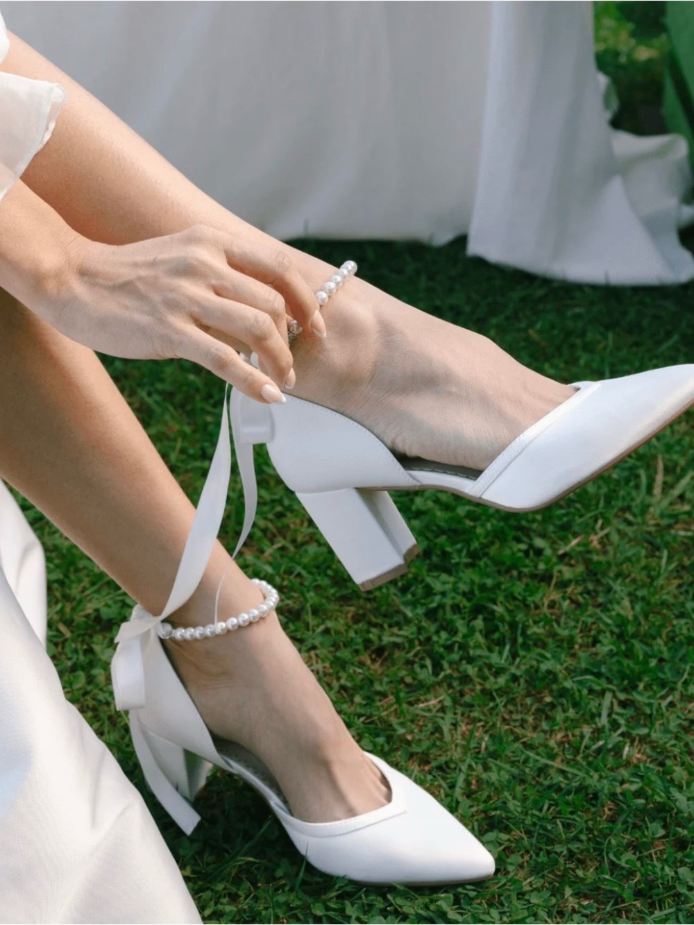Kailee P Satin Block Heel Wedding Shoes with All Pearl Ankle Strap